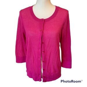 Talbots Pima Cotton Open Knit Hot Pink Button Up Cardigan